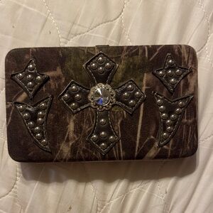 Studded Cross Wallet Clutch in Brown